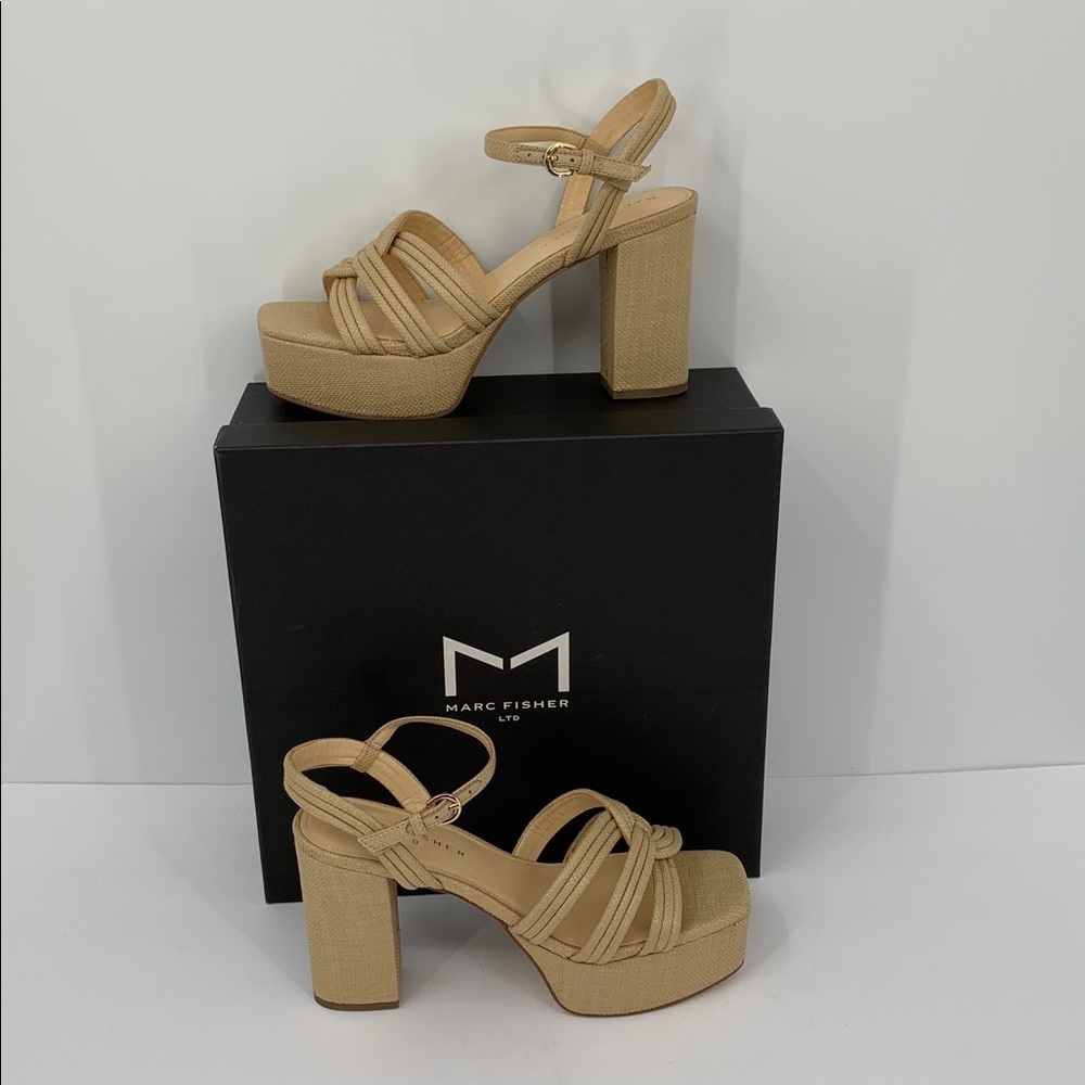 Marc Fisher Cairo chunky platform sandals shoe tan brown straw strappy new 9.5